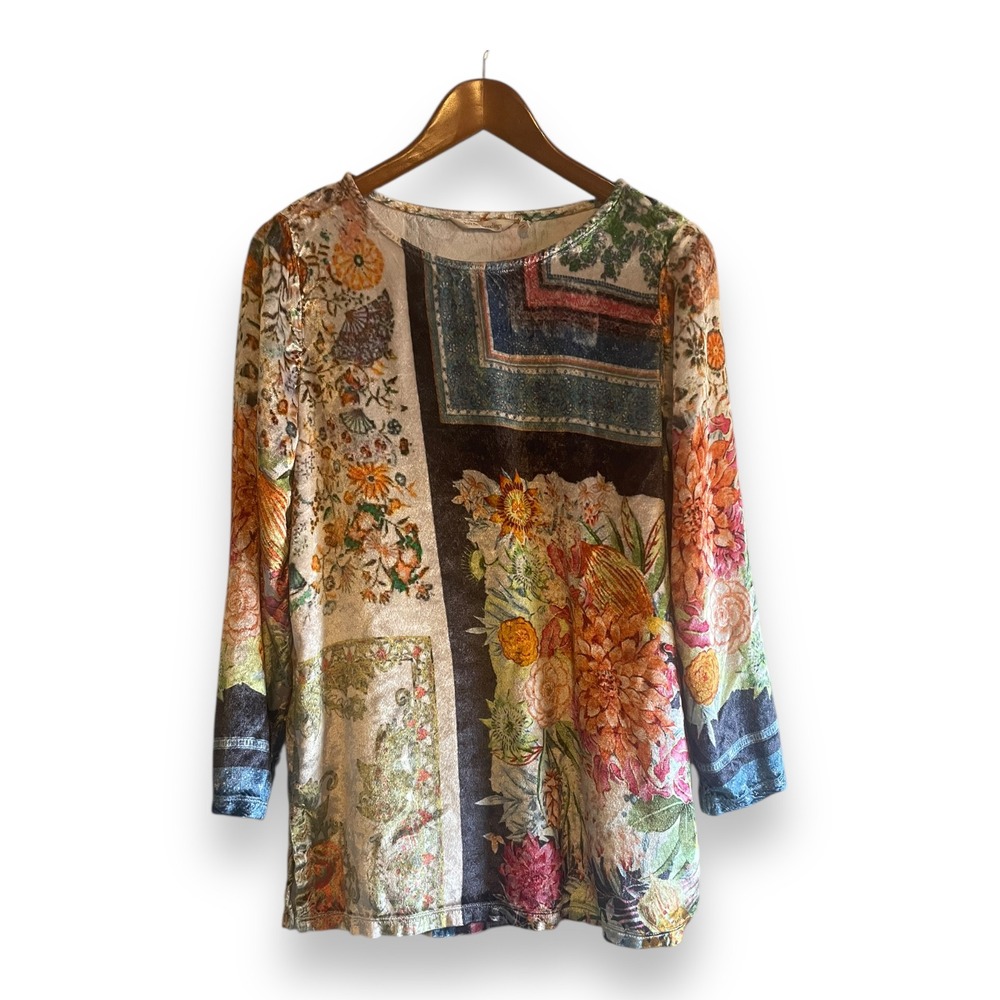 Soft Surroundings Floral Patchwork Velvet Sheen Top Small Long Sleeve